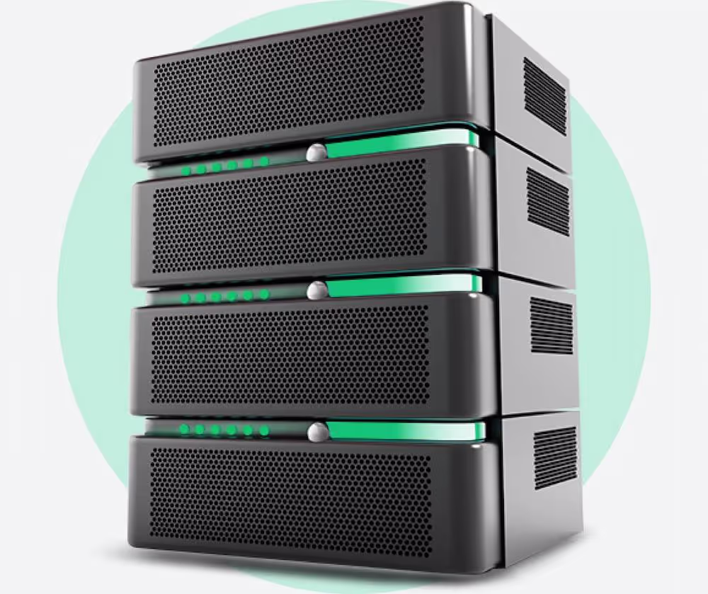 Four stacked black server units with ventilation grids and green LED indicator lights.