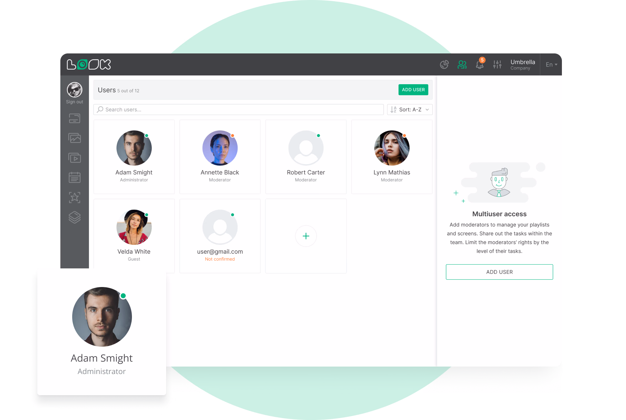 Look CMS user list with Administrator, Moderator and Guest roles