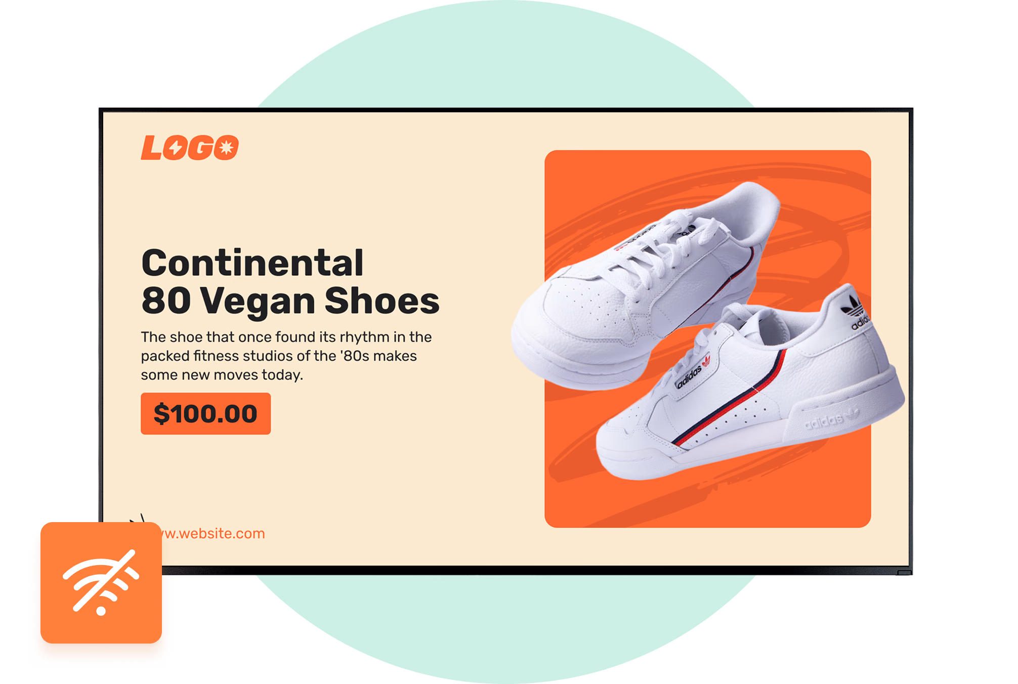 White Continental 80 Vegan Shoes with a WiFi-off badge on an office screen