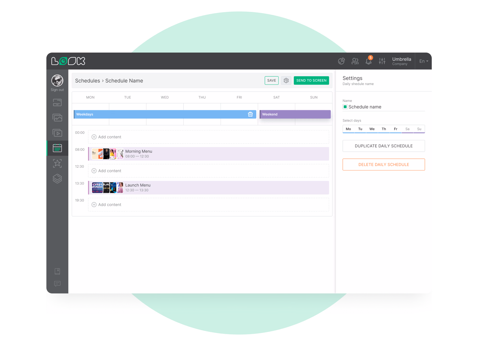 Digital schedule interface showing playlists for weekdays and weekend with time slots and settings panel.