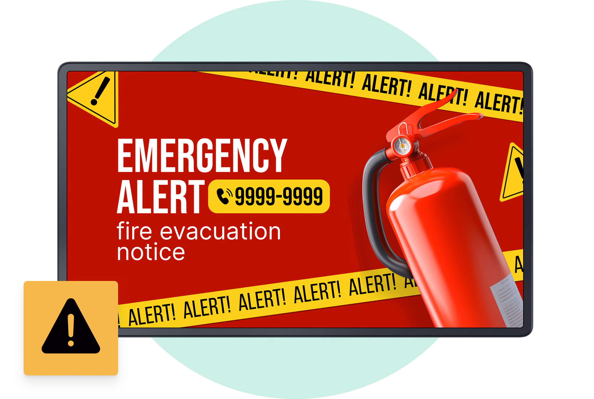 Emergency alert screen with a fire extinguisher and evacuation notice