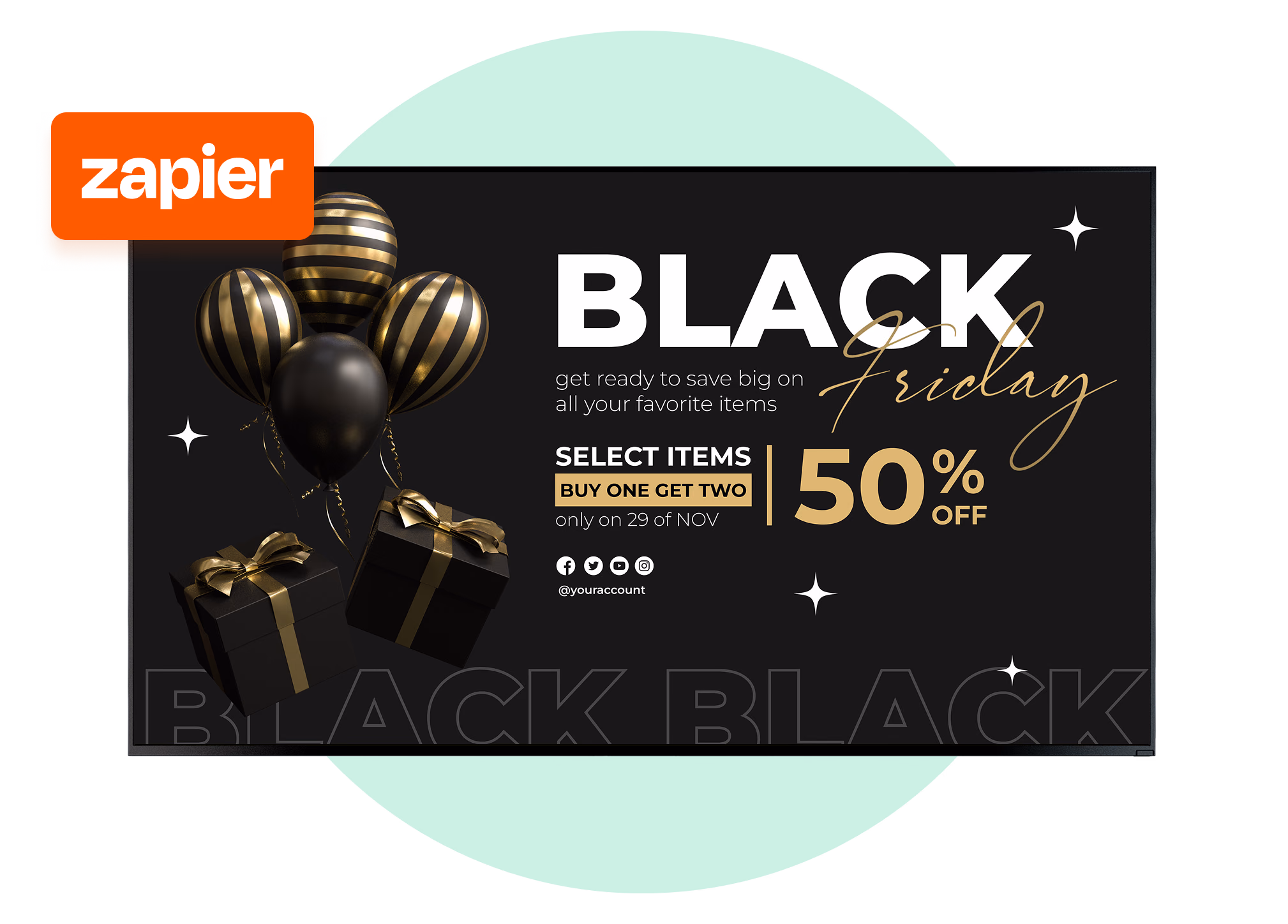 Black Friday sale banner with black and gold balloons, gift boxes, and 50% off on select items.